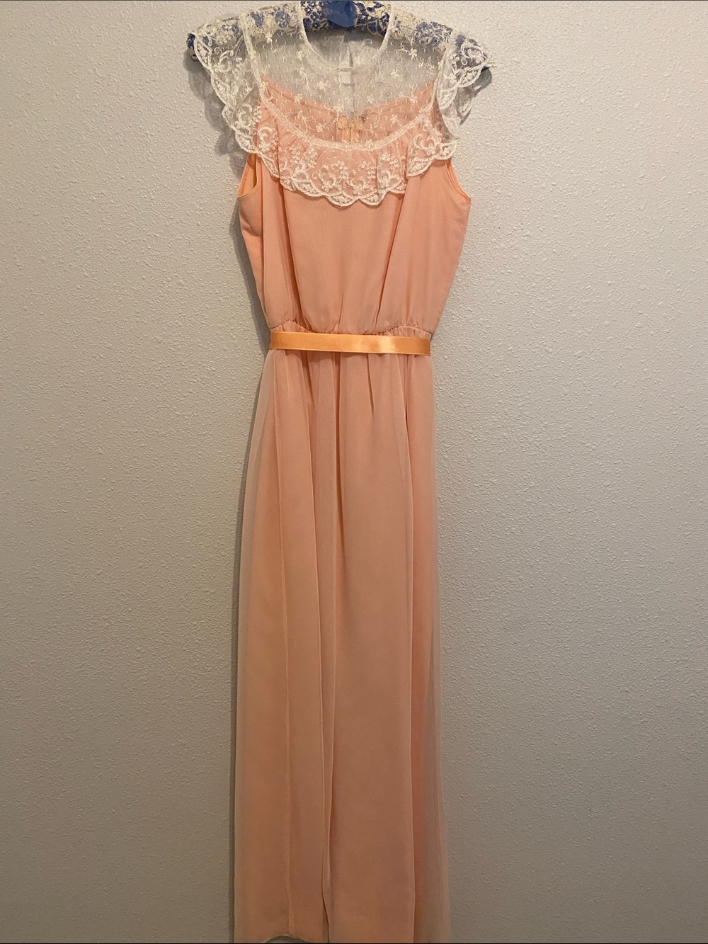 Vintage Dessy Creations peach maxi dress with lace neckline